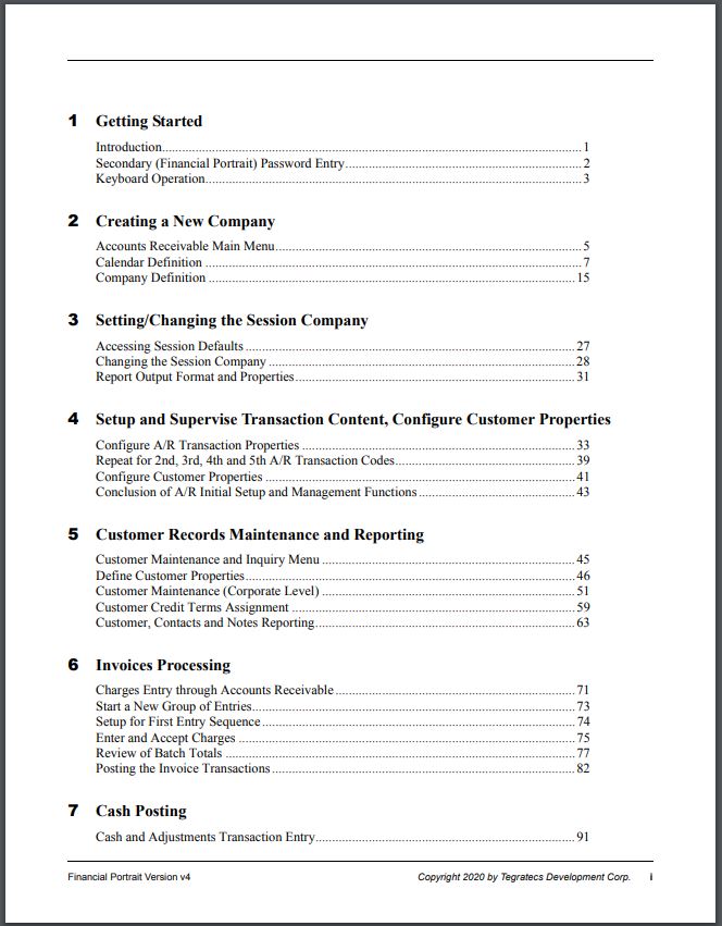 Table of Contents Page 2 for Accounts Receivable User Tutorial